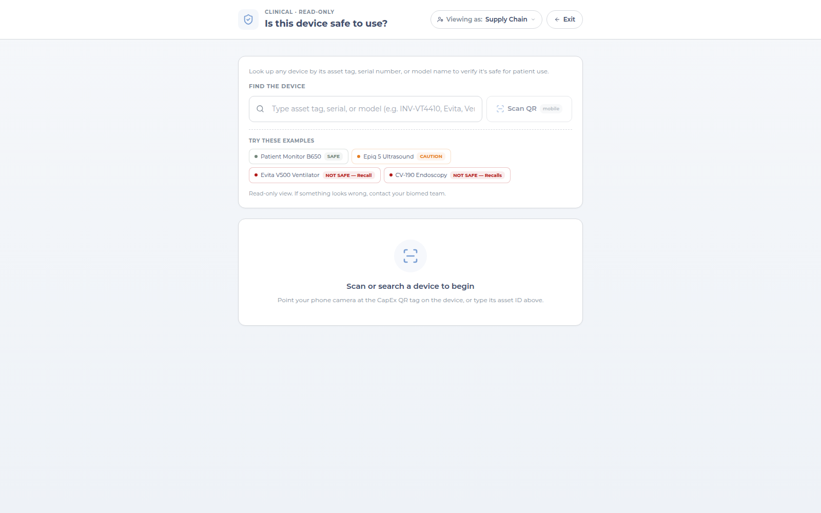 Asset check page in the UI sample: is this device safe to use