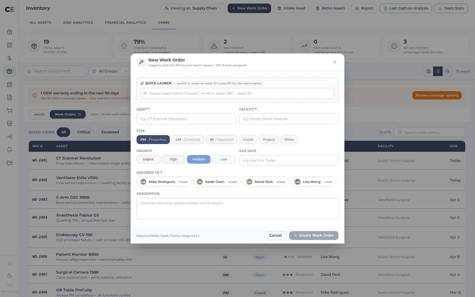 New Work Order dialog in the UI sample