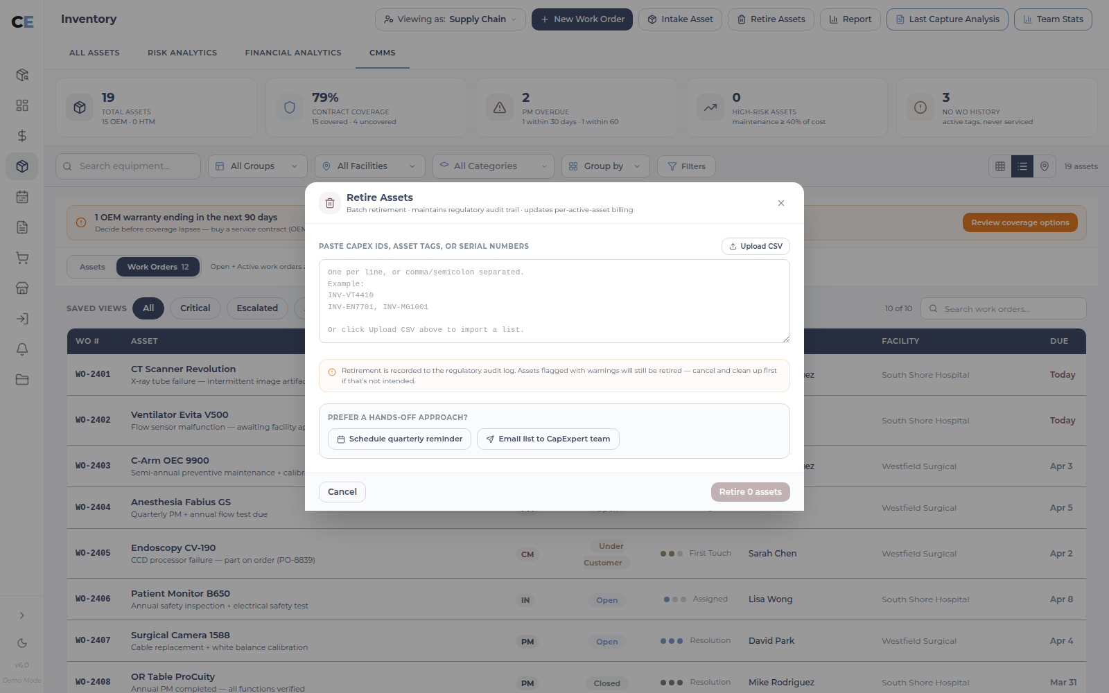 Retire Assets dialog in the UI sample