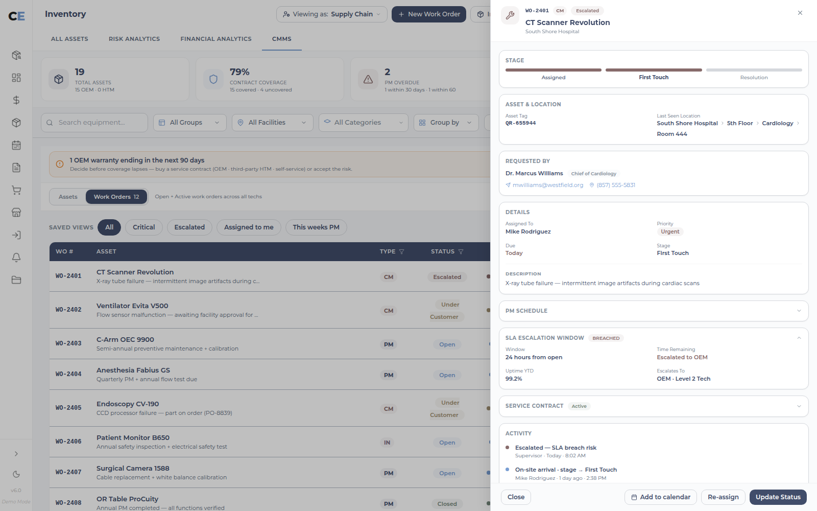 Work order detail drawer in the UI sample