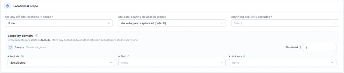 Locations and Scope: off-site locations, data-bearing devices, anything explicitly excluded, and Scope by domain with Include, Skip and Not sure lists and a dollar threshold