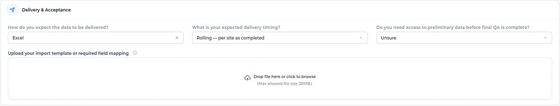 Delivery and Acceptance: delivery format, delivery timing, preliminary data access, and an upload for the import template