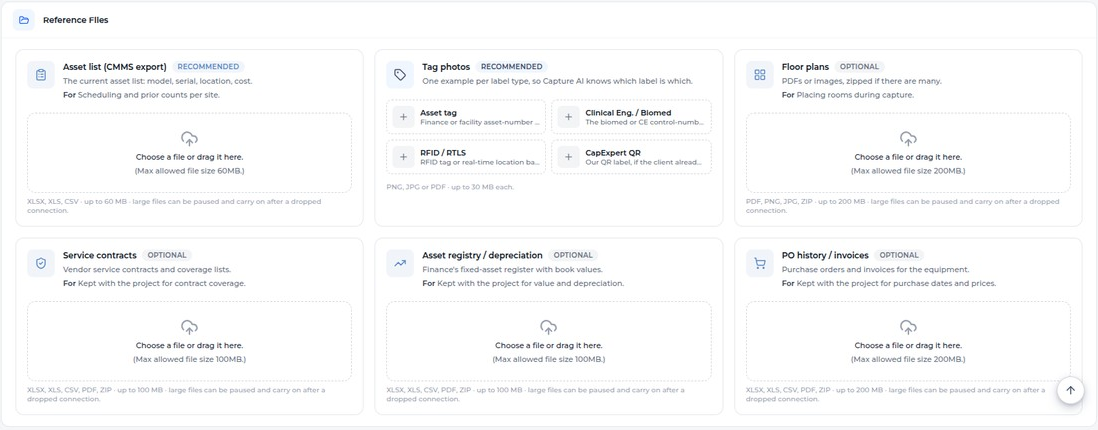 Reference Files: Asset list, Tag photos with four bins (Asset tag, Clinical Eng / Biomed, RFID / RTLS, CapExpert QR), Floor plans, Service contracts, Asset registry / depreciation, PO history / invoices