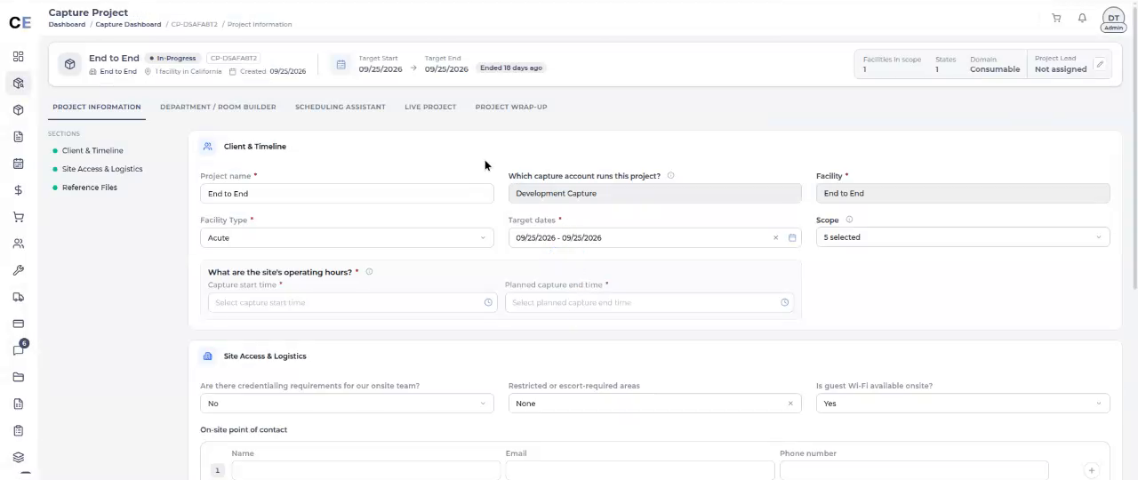 Consumables Project Information: sections Client and Timeline, Site Access and Logistics, Reference Files. Client and Timeline holds project name, capture account, facility, facility type Acute, target dates, Scope 5 selected, and capture start and planned end time