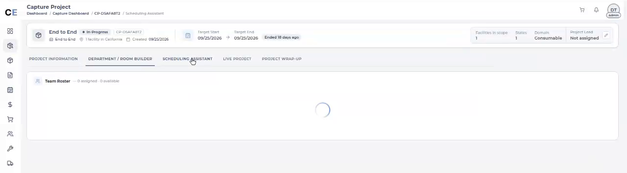The Scheduling Assistant tab loading its team roster